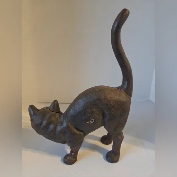 Vintage Black Cat Doorstop Cast Iron Hubley Style Arched Back Tail Up 10” - Picture 2 of 6